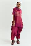 Buy_Capisvirleo_Fuchsia Cotton, Silk Embroidery, Plumeria Colourblock Kaftan With Dhoti Pant _at_Aza_Fashions