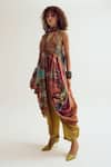 Capisvirleo_Brown Silk Embroidery, Tassels V-neck, Sweetheart Ira Tie Dye Jacket Cape Set _Online_at_Aza_Fashions