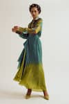 Capisvirleo_Turquoise Linen, Jacquard, Silk Patchwork, Paako Shirt And Vinca Skirt Set _Online_at_Aza_Fashions