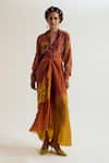 Buy_Capisvirleo_Rust Linen, Silk, Jacquard Patchwork, Embroidery Paako Shirt And Vinca Skirt Set _at_Aza_Fashions