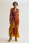 Shop_Capisvirleo_Rust Linen, Silk, Jacquard Patchwork, Embroidery Paako Shirt And Vinca Skirt Set _at_Aza_Fashions