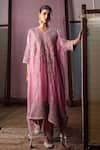 Buy_Nabo_Pink Tissue Embroidery, Beads, Pearls V-neck Dori Kaftan And Pant Set _at_Aza_Fashions
