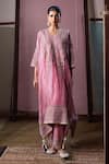 Buy_Nabo_Pink Tissue Embroidery, Beads, Pearls V-neck Dori Kaftan And Pant Set 
