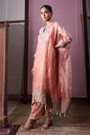 Buy_Nabo_Peach Tissue Embroidery, Beads, Zari Round Neck Dori Work Kaftan And Pant Set _Online_at_Aza_Fashions