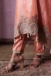 Nabo_Peach Tissue Embroidery, Beads, Zari Round Neck Dori Work Kaftan And Pant Set _at_Aza_Fashions