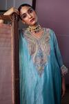 Shop_Nabo_Blue Tissue Embroidery, Sequins, Pearls, Zari Paisley Pattern Kaftan And Pant Set _Online_at_Aza_Fashions