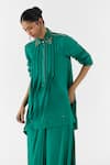 Shop_Studio Rigu_Green Viscose Embroidery, Pearls Jasper Asymmetric Shirt With Knot Skirt _Online_at_Aza_Fashions