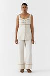Buy_Studio Rigu_Ivory Viscose, Linen Studs, Embroidery Square Neck Pearl Blazer And Trousers Set _at_Aza_Fashions