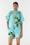 Studio Rigu_Blue Cotton Lace High Neck Blossom Ruching Shirt And Shorts Set _Online_at_Aza_Fashions