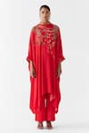 Buy_Studio Rigu_Red Vegan Silk Embroidery Mandarin Collar Maharani Kimono And Pant Set _at_Aza_Fashions