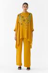Buy_Studio Rigu_Mustard Vegan Silk Embroidery Mandarin Collar Maharani Kimono And Pant Set _at_Aza_Fashions