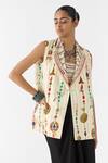 Shop_Studio Rigu_Cream Vegan Silk Embroidery, Lace, Beads Tijori Printed Blazer _at_Aza_Fashions