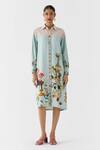 Buy_Studio Rigu_Blue Viscose, Linen Collared Faberge Printed Shirt Dress _at_Aza_Fashions