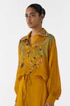 Studio Rigu_Mustard Vegan Silk Embroidery Collared Maharani Shirt And Pant Set _Online_at_Aza_Fashions