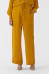 Buy_Studio Rigu_Mustard Vegan Silk Embroidery Collared Maharani Shirt And Pant Set _Online_at_Aza_Fashions