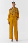 Buy_Studio Rigu_Mustard Vegan Silk Embroidery Collared Maharani Shirt And Pant Set _at_Aza_Fashions