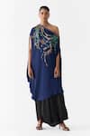Buy_Studio Rigu_Navy Vegan Silk Embroidery, Beads One Shoulder Maharani Draped Dress And Skirt Set _Online_at_Aza_Fashions