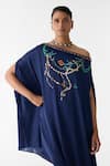 Shop_Studio Rigu_Navy Vegan Silk Embroidery, Beads One Shoulder Maharani Draped Dress And Skirt Set _Online_at_Aza_Fashions