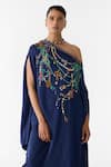 Studio Rigu_Navy Vegan Silk Embroidery, Beads One Shoulder Maharani Draped Dress And Skirt Set _at_Aza_Fashions