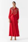 Buy_Studio Rigu_Red Vegan Silk Embroidery, Stones, Tassels Maharani Printed Crop Top And Skirt Set _at_Aza_Fashions