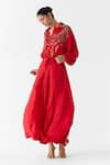 Studio Rigu_Red Vegan Silk Embroidery, Stones, Tassels Maharani Printed Crop Top And Skirt Set _Online_at_Aza_Fashions