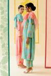 Buy_I Am Design_Mint Silk Organza Applique, Embroidery Round Neck Suit Set With Colorful Work 
