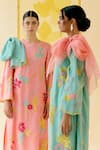 I Am Design_Mint Silk Organza Applique, Embroidery Round Neck Suit Set With Colorful Work _Online
