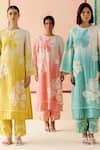 Shop_I Am Design_Mustard Silk Organza Applique, Sequins, Embroidery Round Neck Ombre Suit Set 