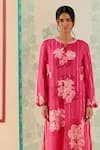 I Am Design_Pink Silk Organza Applique, Embroidery Round Neck Hot Suit Set With Mustard _Online