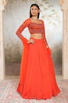 Buy_Libas Cafe by Nidhi & Ashish_Orange Crepe, Net Embroidery, Beads, Sequins Square Neck Hand And Lehenga Set _at_Aza_Fashions
