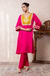 Shop_Libas Cafe by Nidhi & Ashish_Pink Organza, Satin Embroidery, Zari V-neck Machine Choga Kurta And Salwar Set _at_Aza_Fashions