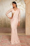Buy_Libas Cafe by Nidhi & Ashish_Peach Crepe Sequins, Embroidery V-neck Draped Saree And Blouse _at_Aza_Fashions