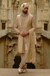Buy_Nitika Gujral_Gold Silk, Tissue, Cotton Beads, Zari, Stones, Embroidery Tonal Sherwani Set _at_Aza_Fashions