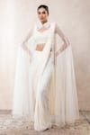 Buy_Libas Cafe by Nidhi & Ashish_Ivory Crepe Pearls, Beads, Embroidery High Neck, Hand Work Cape Saree Set _at_Aza_Fashions