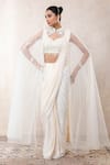 Buy_Libas Cafe by Nidhi & Ashish_Ivory Crepe Pearls, Beads, Embroidery High Neck, Hand Work Cape Saree Set _Online_at_Aza_Fashions