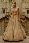 Buy_Nitika Gujral_Gold Net Crystals, Beads, Sequins, Embroidery Sweetheart Neck Bridal Lehenga Set _at_Aza_Fashions