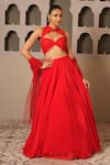 Buy_Libas Cafe by Nidhi & Ashish_Red Crepe, Net Embroidery, Cut Work Halter Neck Blouse And Solid Lehenga Set _at_Aza_Fashions