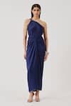 Buy_Aroka_Navy Modal, Satin One Shoulder Blue Deep Water Drape Sarong Dress _at_Aza_Fashions