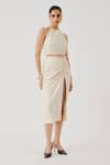 Buy_Aroka_White Ruched Muslin Plain Halter Neck Lucid Top _at_Aza_Fashions