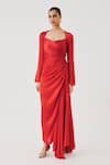 Shop_Aroka_Red Modal, Satin Sweetheart Neck Grace Ruched Dress _at_Aza_Fashions