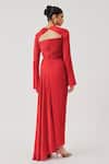 Aroka_Red Modal, Satin Sweetheart Neck Grace Ruched Dress _Online_at_Aza_Fashions