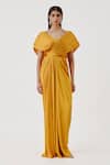 Buy_Aroka_Yellow Modal, Satin, Voile V-neck Golden Glow Criss Cross Pleated Dress _at_Aza_Fashions