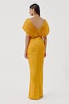 Shop_Aroka_Yellow Modal, Satin, Voile V-neck Golden Glow Criss Cross Pleated Dress _at_Aza_Fashions