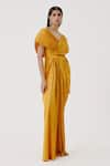 Aroka_Yellow Modal, Satin, Voile V-neck Golden Glow Criss Cross Pleated Dress _Online_at_Aza_Fashions