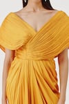 Shop_Aroka_Yellow Modal, Satin, Voile V-neck Golden Glow Criss Cross Pleated Dress _Online_at_Aza_Fashions