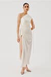 Buy_Aroka_White Modal, Satin One Shoulder Pearl Radiance Draped Dress _at_Aza_Fashions