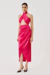 Buy_Aroka_Pink Modal Satin Halter Neck Draped Top _at_Aza_Fashions