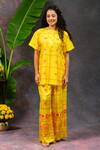 Shop_Prachi Kamat_Yellow Viscose, Silk Foil Printing Round Morja Printed Short Kurta With Pant _Online_at_Aza_Fashions