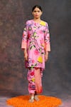 Prachi Kamat_Pink Viscose, Silk Round Neck Kamalkari Print Kurta With Pant _Online_at_Aza_Fashions