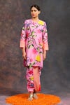 Buy_Prachi Kamat_Pink Viscose, Silk Round Neck Kamalkari Print Kurta With Pant _at_Aza_Fashions